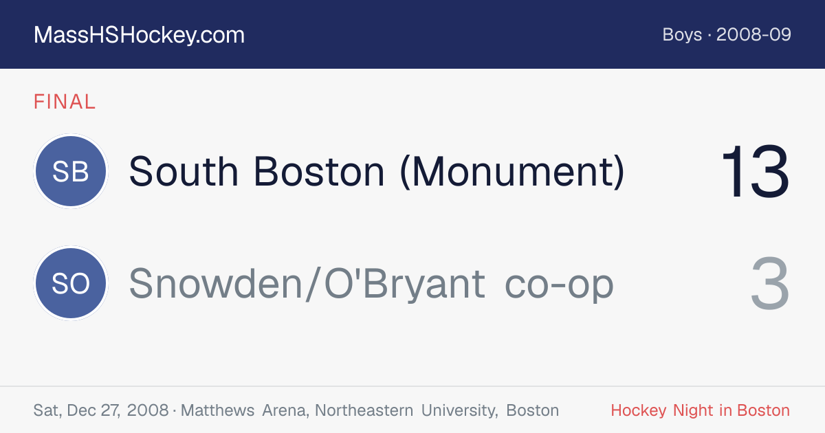 South Boston (Monument) at Snowden/O'Bryant co-op score card