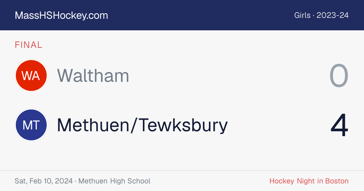 Waltham at Methuen/Tewksbury score card