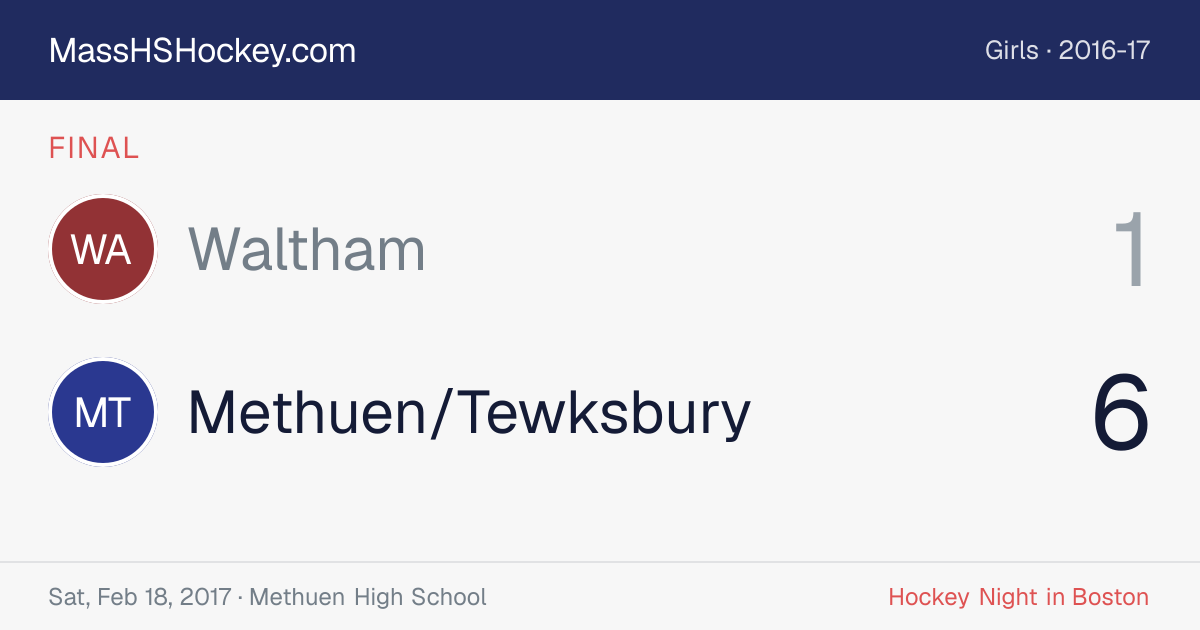 Waltham at Methuen/Tewksbury score card