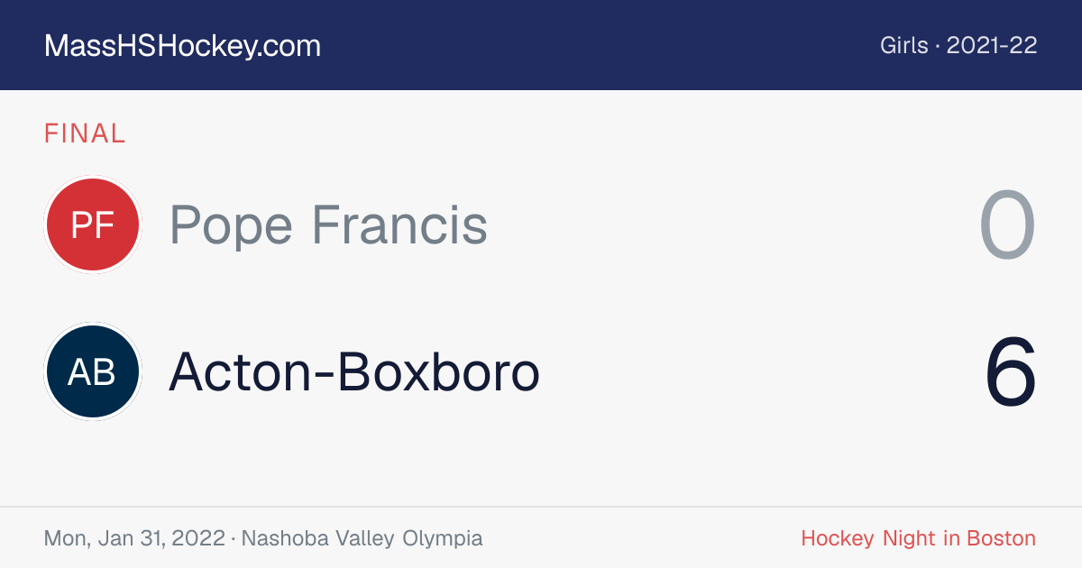 Pope Francis at Acton-Boxboro score card