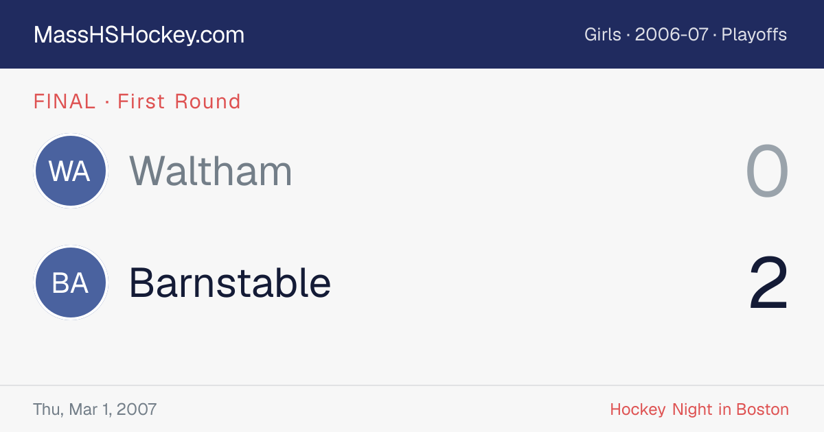 Waltham at Barnstable score card