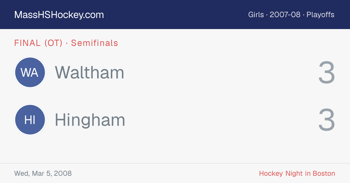 Waltham at Hingham score card