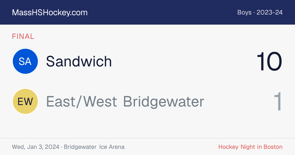 Sandwich at East/West Bridgewater score card