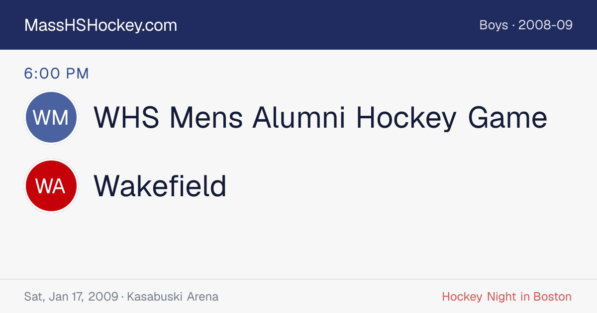 WHS Mens Alumni Hockey Game at Wakefield score card